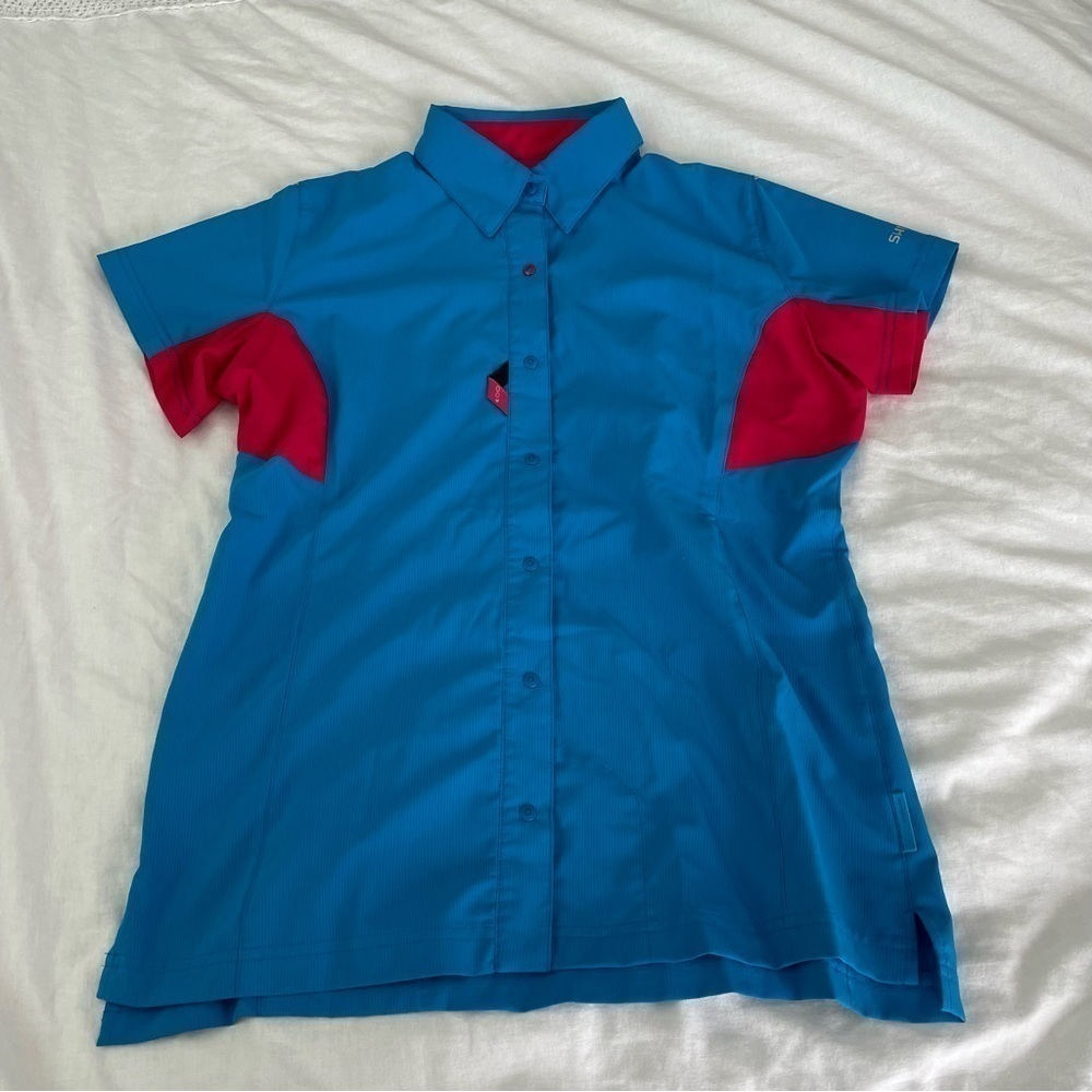Shimano SMALL Women Wicktex Blue Cycling Top Snap Button Closure Short Sleeve